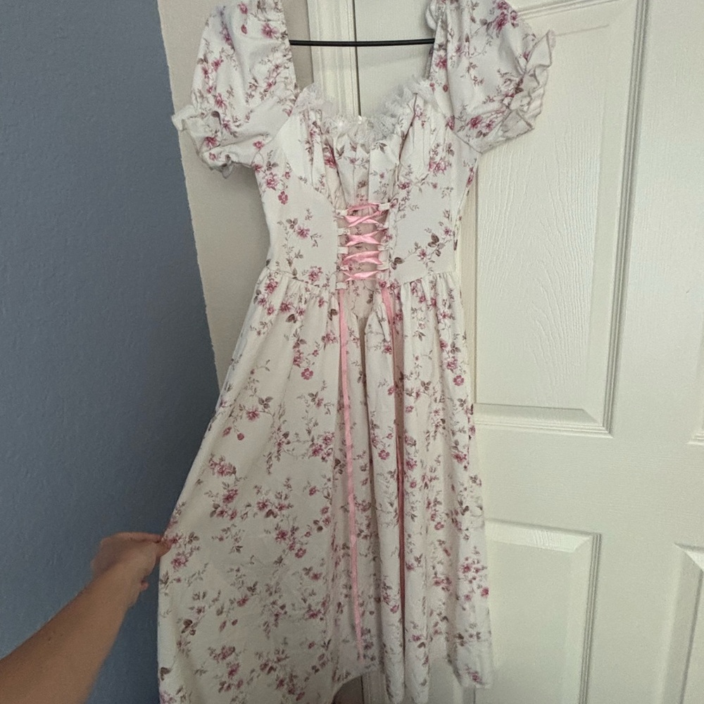 Floral Puff Sleeve Dress with Pink Accents